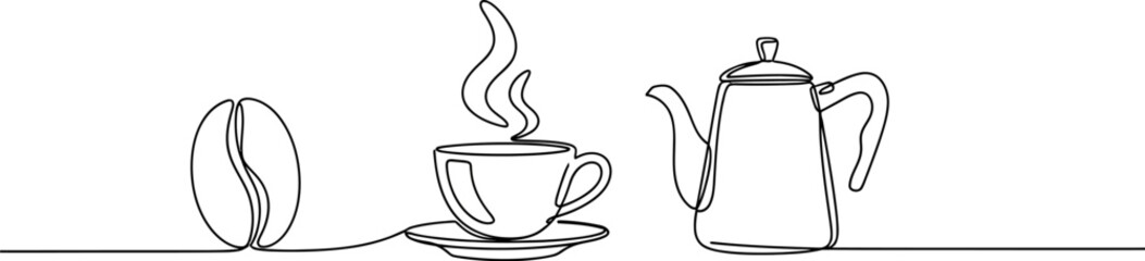 Poster - Minimalist coffee art drawing: continuous line of coffee bean, cup, and pot for cafe and kitchen decor