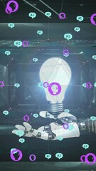 Poster - Animation of ai data processing over robot's arm and lightbulb dark background
