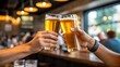 © benjamin - Cheers to good times, as two people clink glasses of beer, fostering a warm and inviting social atmosphere