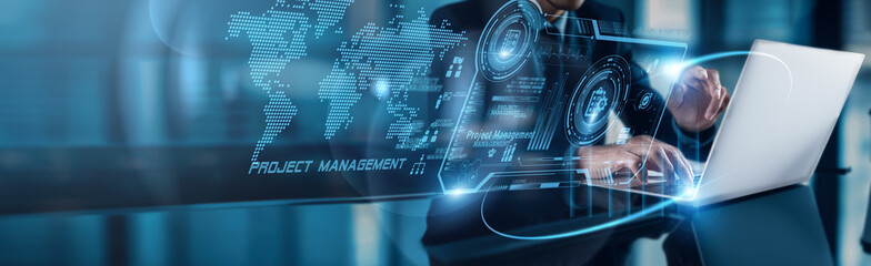 Poster - Businessman using laptop with analysis data of Project Management driving sustainable growth to success on global network through collaboration, strategy, planning, execution, monitoring, and results.