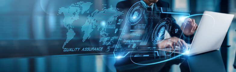 Poster - Businessman using laptop with analysis data of Quality Assurance driving global network growth through data accuracy, consistency, leveraging advanced analytics and cloud-based solutions for scalable.