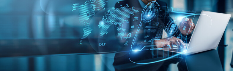 Poster - Businessman using laptop with analysis data of Tax revenue growth to monitor global network trends, optimize compliance, and drive sustainable economic development through data-driven insights