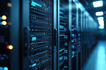 Poster - Blue-lit server racks in a secure data center corridor with glowing indicators and advanced computing hardware, perfect for cloud, network, and digital infrastructure themes