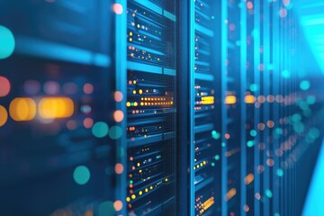Poster - High-tech data center with illuminated server racks and colorful reflections, ideal for cloud computing, IT infrastructure, cybersecurity, and futuristic technology concepts