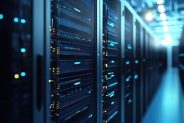 Poster - Sleek server room interior with glowing blue and yellow LEDs on server racks, ideal for cloud storage, IT networks, secure data environments, and futuristic tech designs