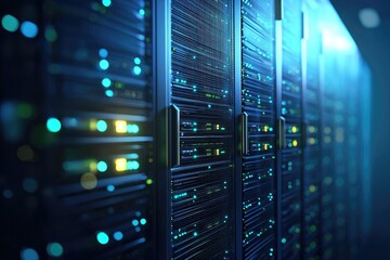 Poster - Dark data center hallway with rows of glowing server racks and blue-green indicators, ideal for cloud storage, digital infrastructure, and advanced computing environments