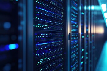 Poster - Server racks illuminated with vivid blue and green lights in a futuristic data center corridor, ideal for cloud services, IT security, networking, and high-performance computing visuals