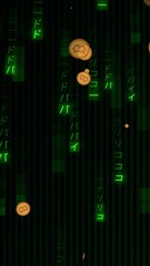 Poster - Animation of bitcoins falling over symbols on black background