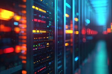 Poster - Futuristic server rack in high-tech data center with colorful LED lights and glowing cables, ideal for technology, cloud computing, and IT infrastructure themes