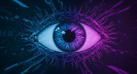 Digital Eye A mesmerizing blend of technology and vision, portrayed with vibrant blue and purple hues, symbolizing perception and insight
