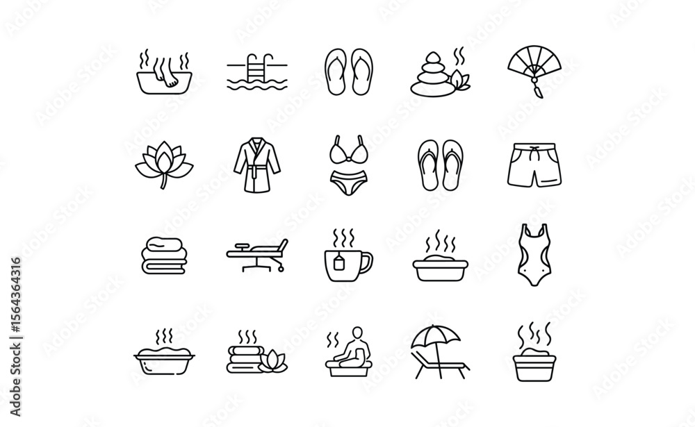 Vector Line Art Spa and Wellness Icons Depicting Relaxation and Comfort.