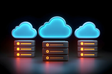 Aufkleber - Neon blue cloud icons connected to stacks of glowing servers, symbolizing cloud computing and data storage.