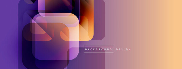 Fototapete - Abstract geometric shapes blend purple, orange hues. Modern design features layered rectangles, gradients. Minimal text reads background design.