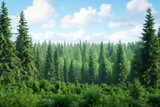 Photorealistic image of taiga forest featuring tall spruce trees and lush greenery bright blue sky. serene landscape evokes