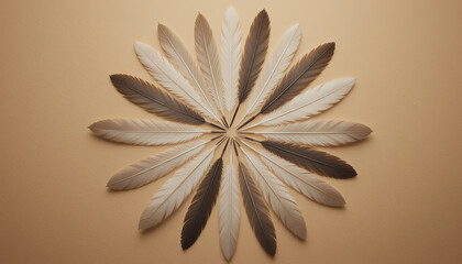 Poster - Delicate feathers are meticulously arranged in a circular pattern on a soft beige background, showcasing a beautiful blend of neutral tones. The symmetrical design emphasizes natural elegance