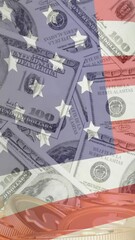 Poster - American flag waving over hundred-dollar bills and gold coins in animation