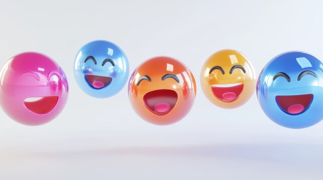 27.A vibrant set of glossy 3D emojis with expressions of excitement, love, confusion, and laughter, rendered with a metallic finish and shown floating in a bright white background.