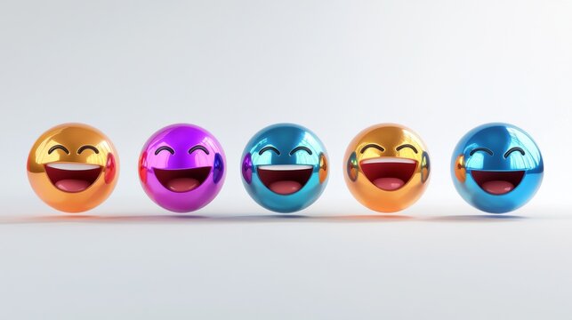 27.A vibrant set of glossy 3D emojis with expressions of excitement, love, confusion, and laughter, rendered with a metallic finish and shown floating in a bright white background.