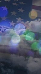 Poster - Animation of glowing spots over sky with clouds and american flag