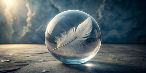 Poster - A delicate feather is encased within a crystal sphere, resting on a smooth surface. Soft light highlights the sphere's transparency and the feather's intricate details