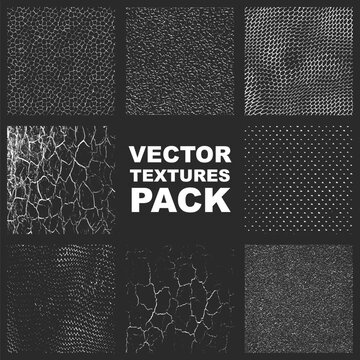 Vector textures pack displays nine monochrome pixelated designs centered text VECTOR TEXTURES PACK over gray background