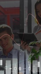 Poster - Animation of finance data over group of diverse businesspeople working with technology in office
