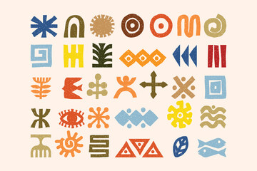 Poster - Collection of Abstract Textured Colorful Shapes and Symbols on Cream Background