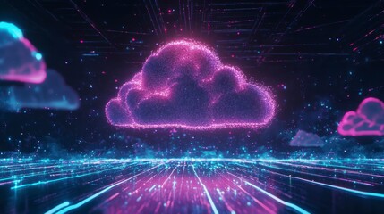 Poster - Glowing pink cloud symbol with digital lines and particles.