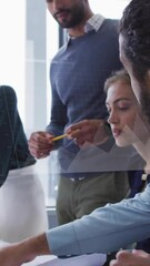 Poster - Animation of financial data processing over diverse colleagues discussing work in office
