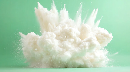Poster - A captivating burst of white powder creates an artistic explosion against a soft green backdrop, showcasing motion and texture.
