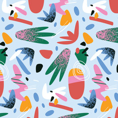 Poster - Abstract pattern with shapes in blue pink green orange red white black creating a lively and colorful design
