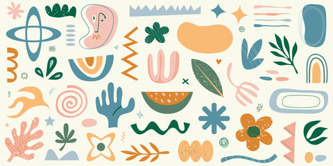 Poster - Geometric shapes floral elements lines and dots comprise a playful abstract composition against a light background