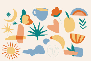 Aufkleber - Colorful stylized flatdesign icons include celestial floral food and abstract elements creating a playful composition