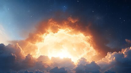 Aufkleber - A magnificent explosion of light and colors in the sky, showcasing dramatic clouds and a vibrant sunset effect.