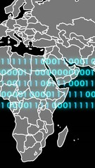  - Animation of binary coding, world map and data processing over black background