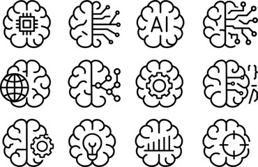 Fototapete - Artificial Intelligence Brain Icons Set Outline Style, Machine Learning, Neural Network, and Deep Learning Concepts