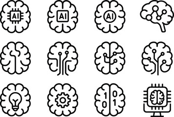 Poster - Artificial Intelligence Icons Set Outline Style, Machine Learning, Neural Network, Robotics, and Automation