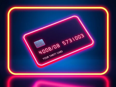 Neon-lit, 3D rendered credit card, highlighted by vibrant pink and orange neon outlines, floating against a dark blue background.