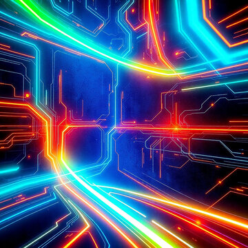 Neon circuit pathways glowing vibrant energy abstract