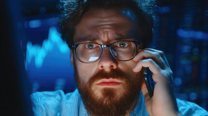 Poster - A bearded man wearing glasses looks worried while talking on the phone, with stock market charts glowing in the background.