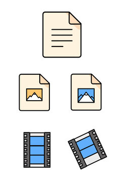 A vibrant set of modern file type icons, including text document, image, and video filmstrip, perfect for user interface design on websites and applications.
