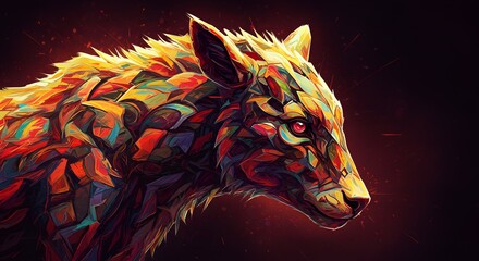 Naklejka na meble Vibrant abstract wolf illustration with a fiery mosaic pattern. A mythical canine predator with glowing red eyes, depicted in a colorful stained glass style.