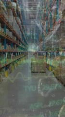 Poster - Animation of stock market data processing over empty warehouse against coins falling in the water