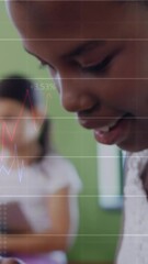 Poster - Animation of data processing and numbers over diverse school children using tablets