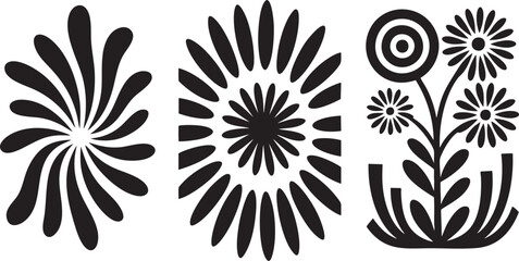 Poster - Stylized Floral Designs Vector Set: Abstract Flower Illustrations for Creative Projects, Decorative Elements, and Artistic Compositions with Black Silhouettes