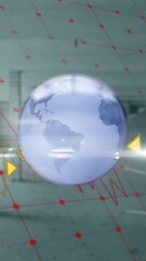 Poster - Animation of data, graphs with grids moving on rotating globe against building interior