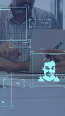 Poster - Animation of social media users and reactions over diverse businesspeople in office