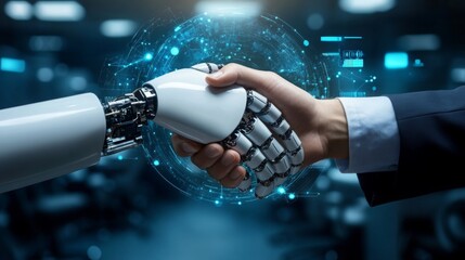 Poster - businessman and robot handshake about tech innovation, machine learning progress and partnership wit