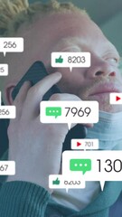 Poster - Animation of social media icons over albino man with face mask using smartphone