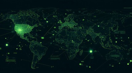 Poster - Glowing green digital world map with connections.